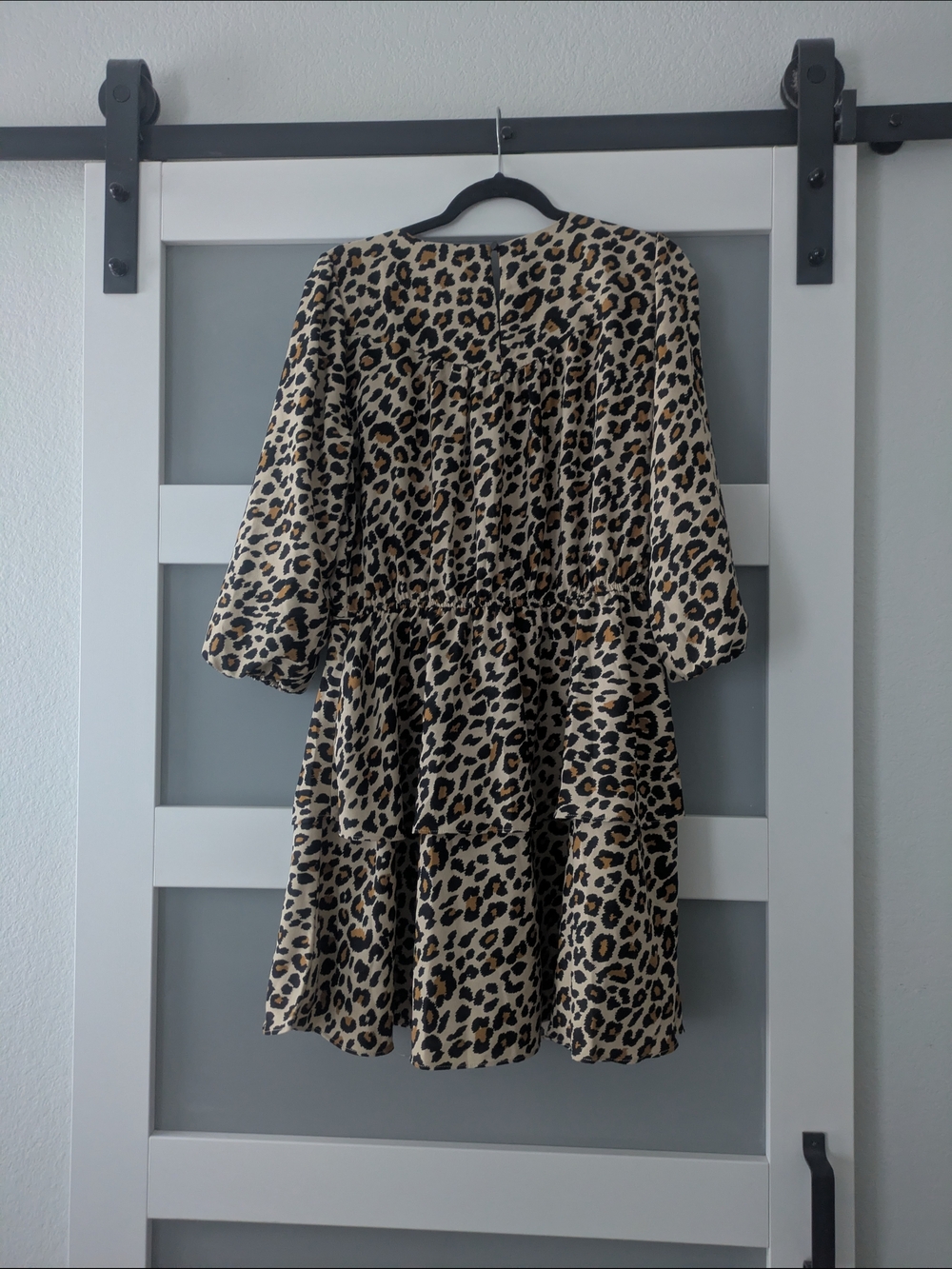 Leopard Print Tiered Long-Sleeve Dress - Beige/Black